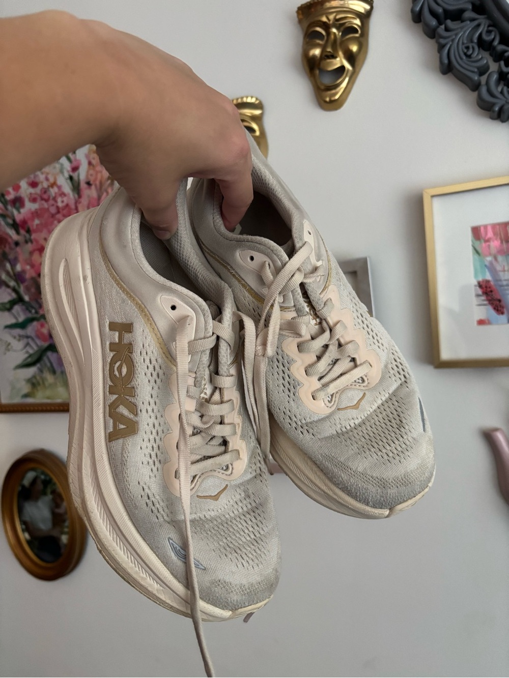 Hoka Women’s Running Sneakers in Cream with Gold Logo